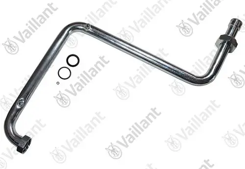 Vaillant Rohr mit gebogenem Verlauf und zwei Dichtungsringen. Das Material ist metallisch und glänzend verarbeitet.
